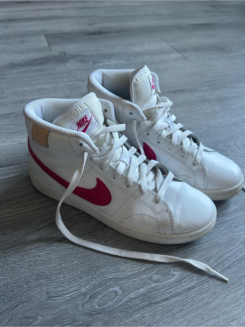 Nike White High-Top Sneakers with Pink/Red Swoosh Size 8